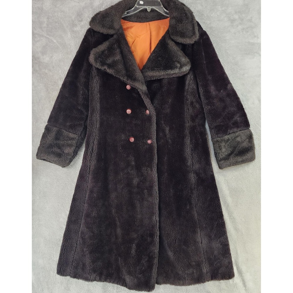 Vintage Brown Faux Fur Coat Womens Medium Long Double Breasted 60s USA